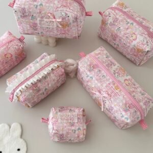pink cartoon quilted makeup bag with zipper, cute cosmetic pouch for girls