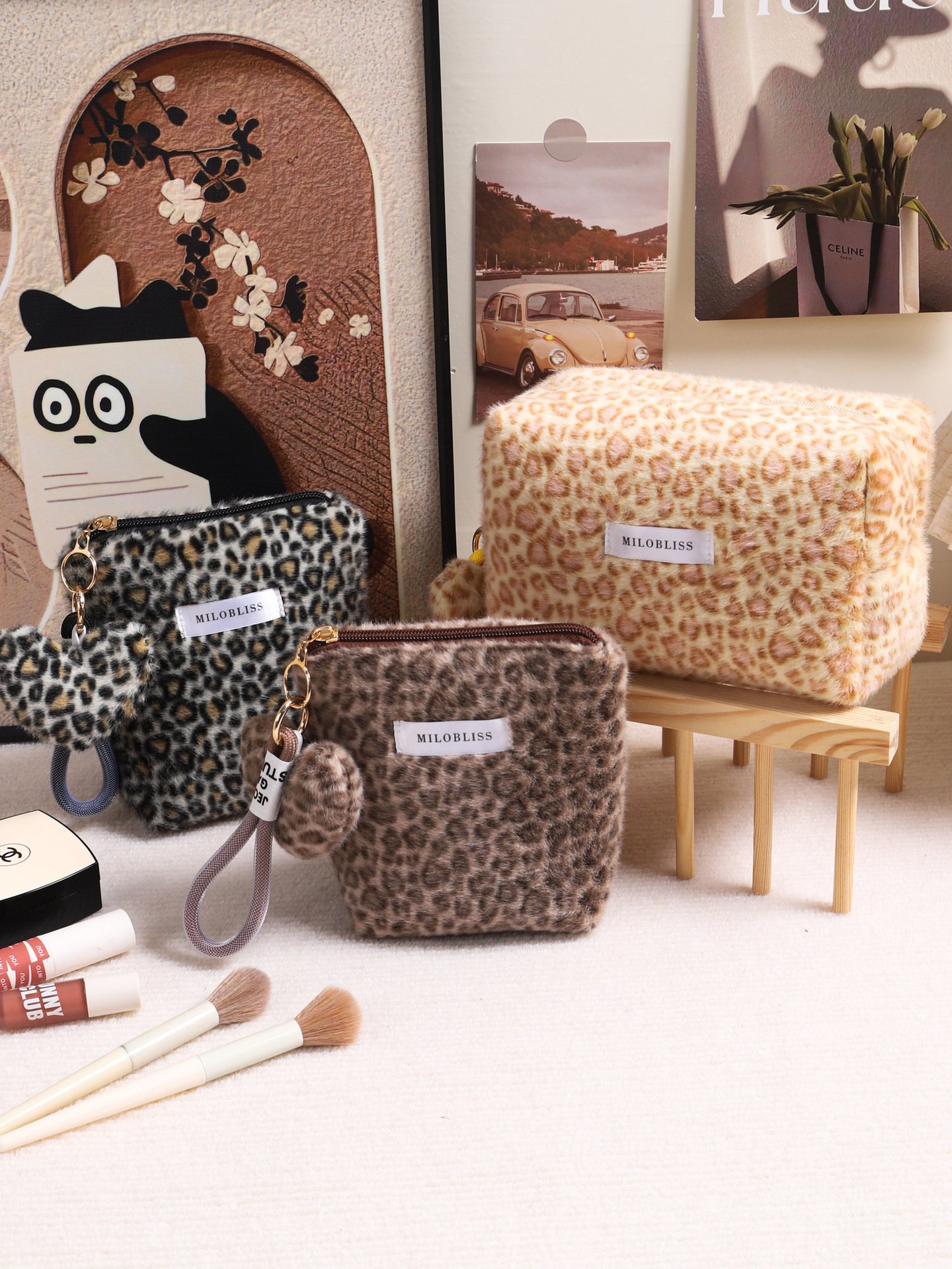 weet & Cool Leopard Print Plush Makeup Bag – Small Faux Rabbit Fur Cosmetic Pouch for Travel & Daily Storage (Fall & Winter) - Image 3
