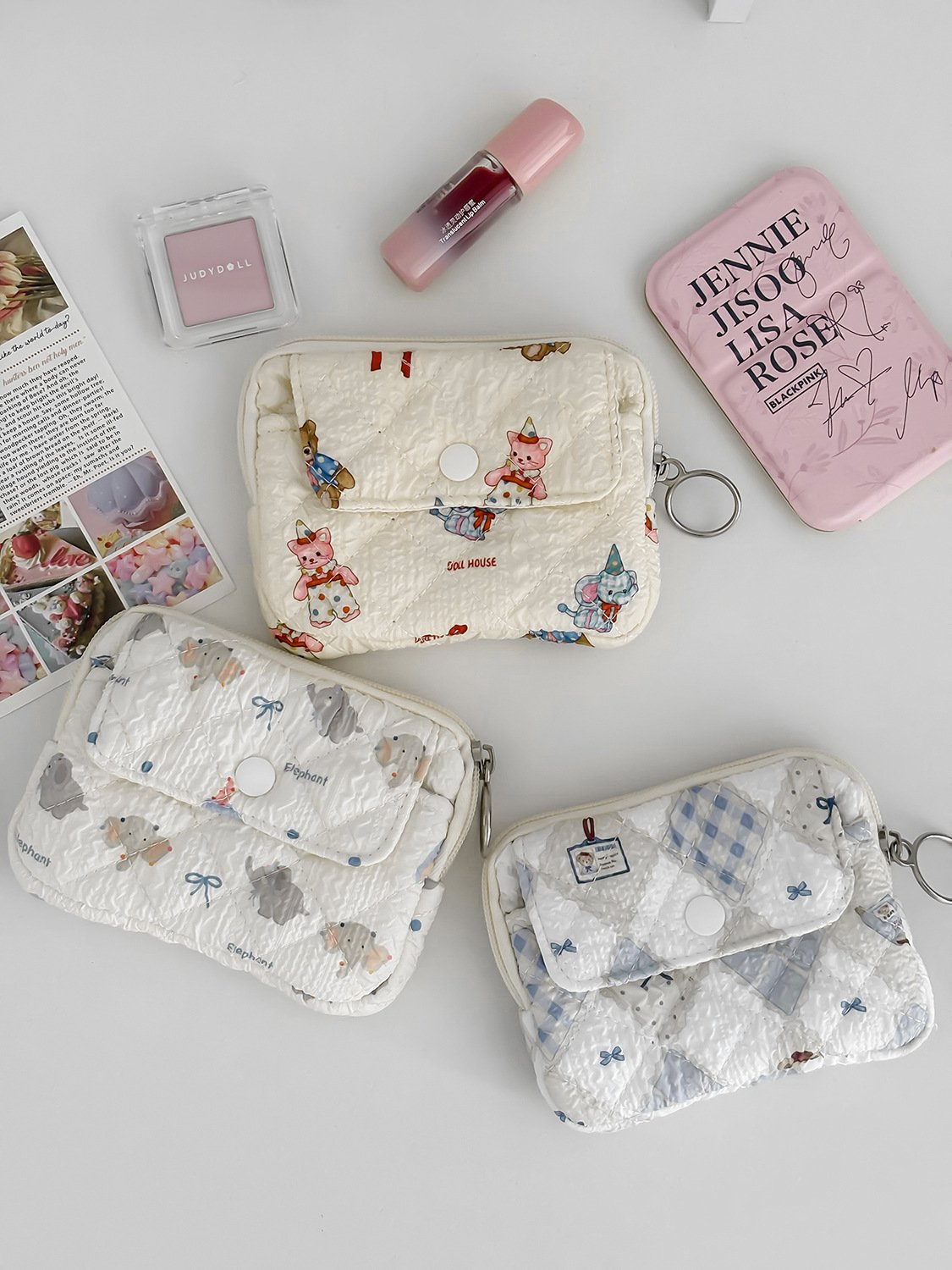 New cute cartoon floral quilted multi-functional storage bag, organizer bag, document bag, card holder, key pouch, and coin purse.