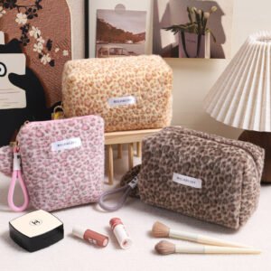 weet & Cool Leopard Print Plush Makeup Bag – Small Faux Rabbit Fur Cosmetic Pouch for Travel & Daily Storage (Fall & Winter)