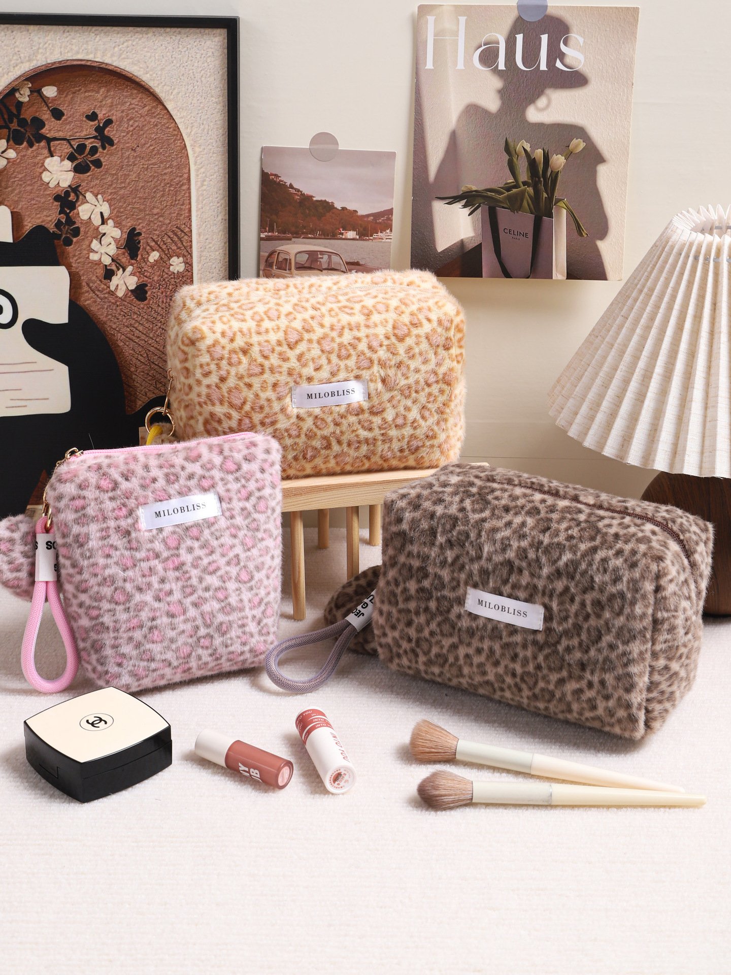 weet & Cool Leopard Print Plush Makeup Bag – Small Faux Rabbit Fur Cosmetic Pouch for Travel & Daily Storage (Fall & Winter)