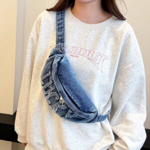 Vintage American Style Denim Crossbody Waist Bag – Large Capacity Phone Bag for Daily Use