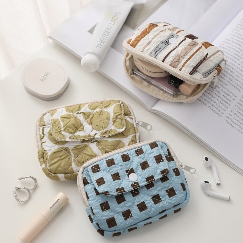 Striped and polka dot quilted padded portable storage bag, cute and soft coin purse, lipstick and makeup bag, mini size. - Image 2